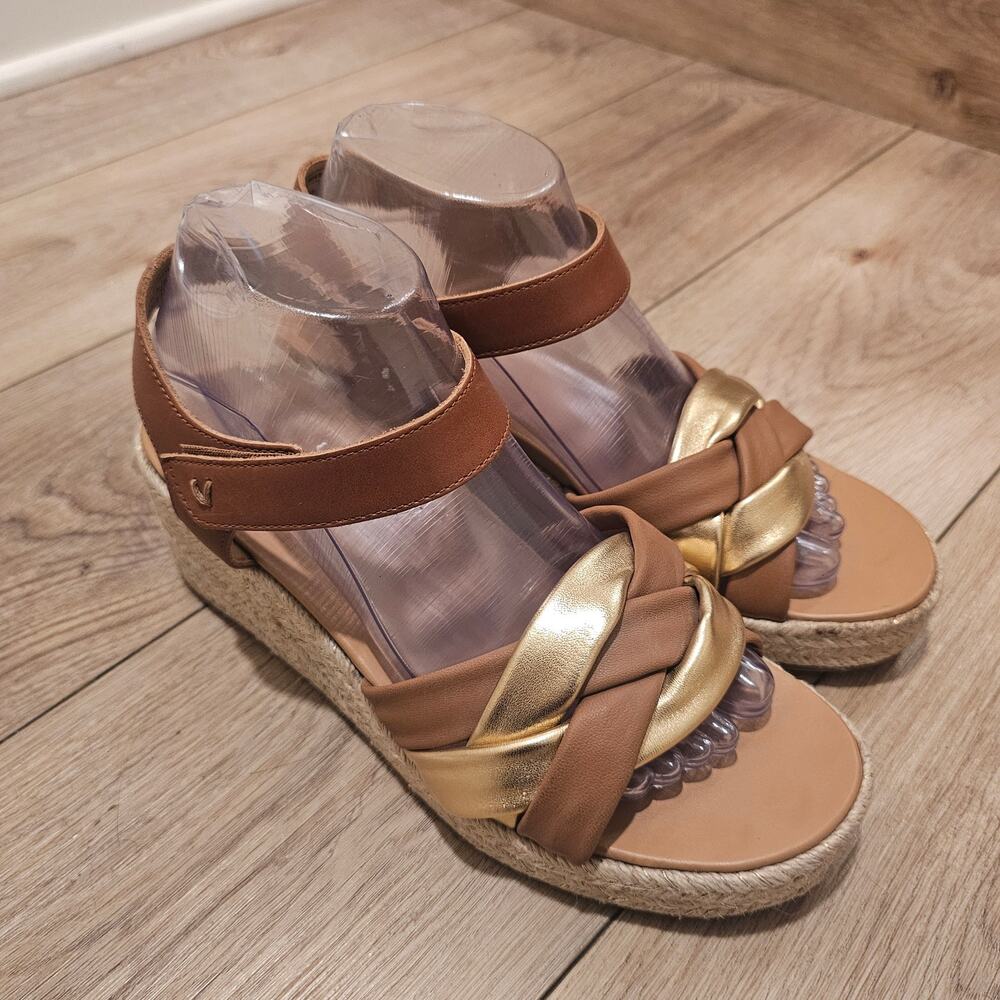 Vionic Women's Saratoga Espadrille Wedge Sandals Tan and Gold Size 8.5